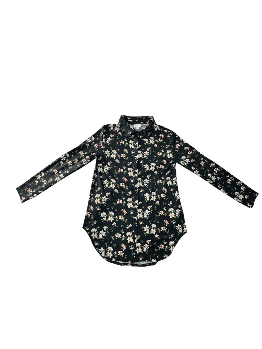 LuLaRoe Black Floral Button-Up Blouse with Pink and White Blooms